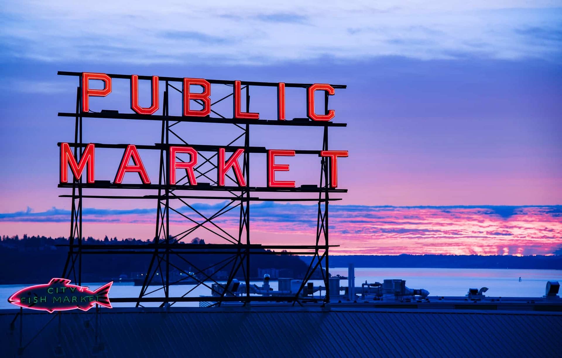 Neon signs at sunset