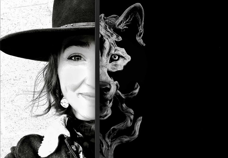 Black and white split photo featuring half of artist Amanda Markel's face aligned with half of her wolf sculpture.