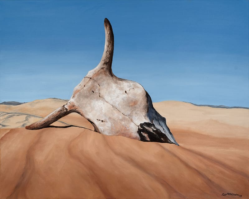Azazel - A dramatic Southwestern oil painting by Loretta Rieth titled 'Azazel,' featuring a weathered longhorn skull set against a vibrant, atmospheric Sonoran Desert.