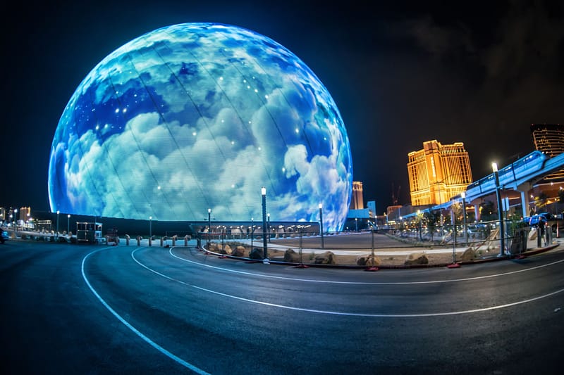 The glowing LED exterior of Sphere Las Vegas, the world's most futuristic entertainment venue on the Strip. - Guide to the sphere las vegas - Life+Style Magazine